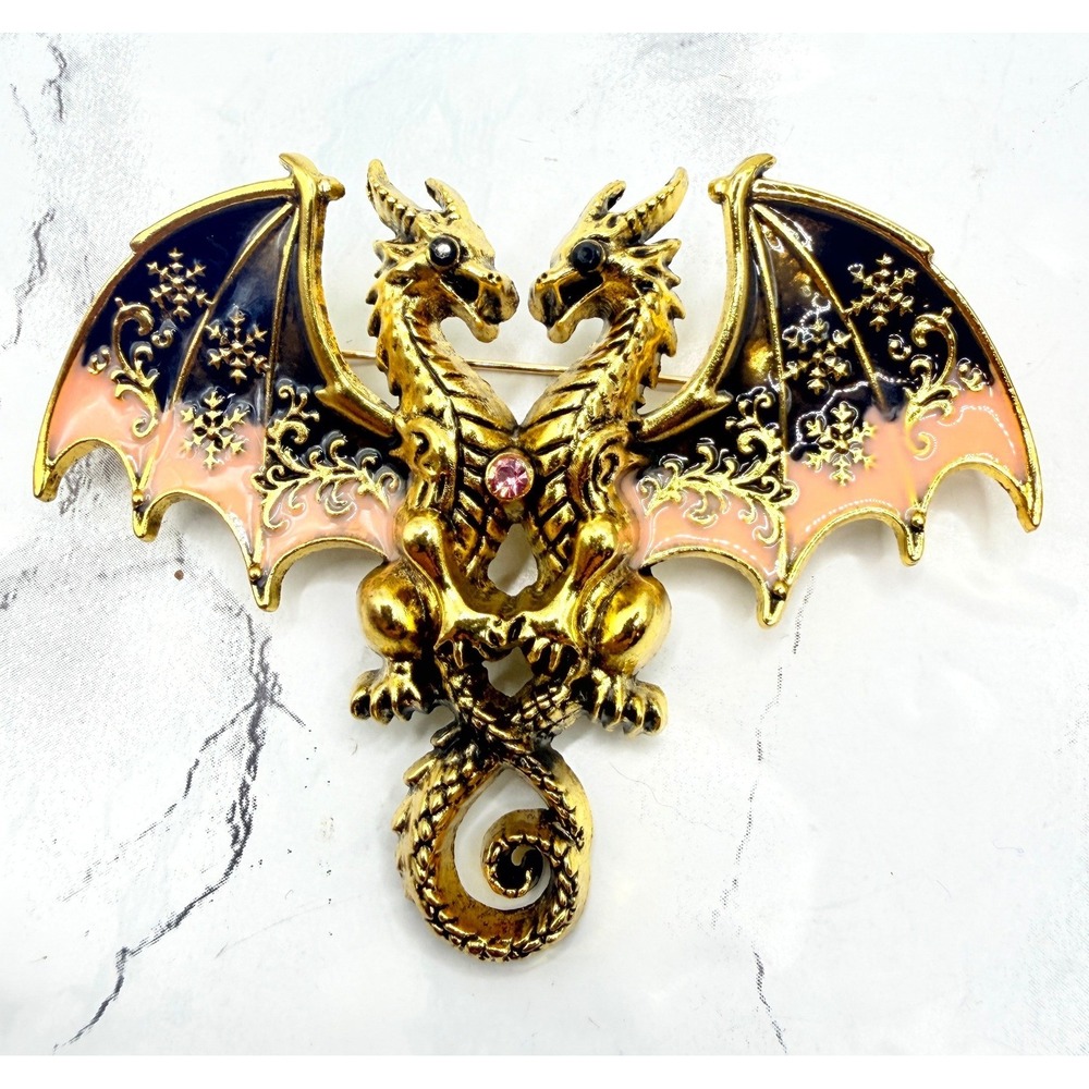 Two Headed Dragon Brooch Gold Tone Pink Enamel Fantasy Gothic Pin 3"